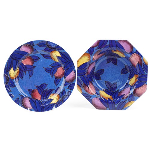 214 - Charlotte Rhead for Burleigh Ware Blue Plums floral bowl and plate, the plate 25cms in diameter