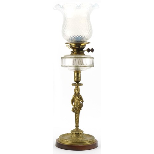 1012 - Victorian brass maiden oil lamp with clear glass reservoir and Vaseline glass shade, 64cm high