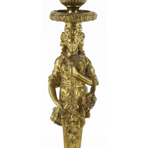 1012 - Victorian brass maiden oil lamp with clear glass reservoir and Vaseline glass shade, 64cm high