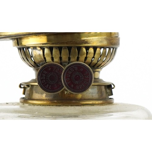 1012 - Victorian brass maiden oil lamp with clear glass reservoir and Vaseline glass shade, 64cm high