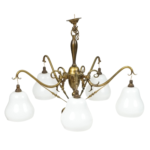 90 - Arts & Crafts brass five branch ceiling light with white glass shades, possibly W.A.S Benson, 55cm h... 