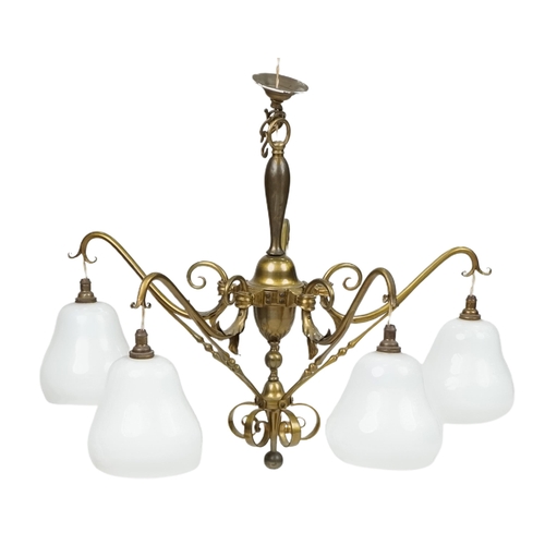 90 - Arts & Crafts brass five branch ceiling light with white glass shades, possibly W.A.S Benson, 55cm h... 