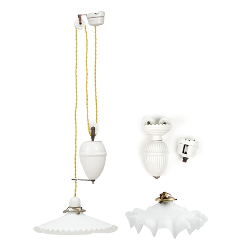 757 - Two Victorian rise and fall light fittings with frilled glass shades