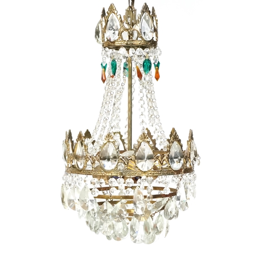 758A - Vintage gilt brass chandelier with cut glass drops, 55cm high