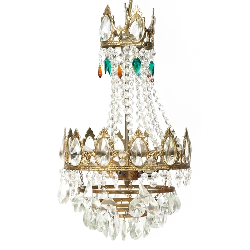 758A - Vintage gilt brass chandelier with cut glass drops, 55cm high