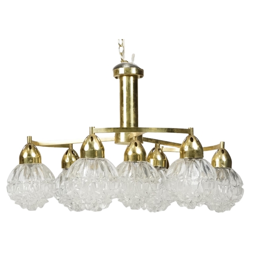 752 - Vintage brass chandelier with nine globular glass shades, 55cm in diameter