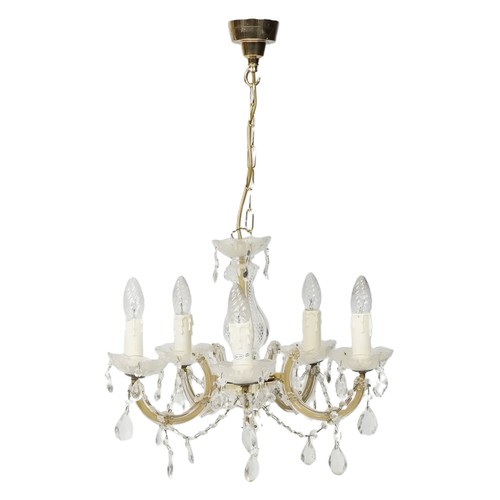 759 - Brass and glass five branch chandelier, 50cm high x approximately 45cm in diameter