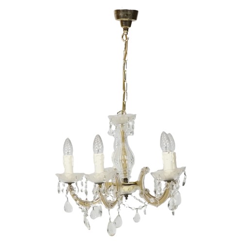 759 - Brass and glass five branch chandelier, 50cm high x approximately 45cm in diameter