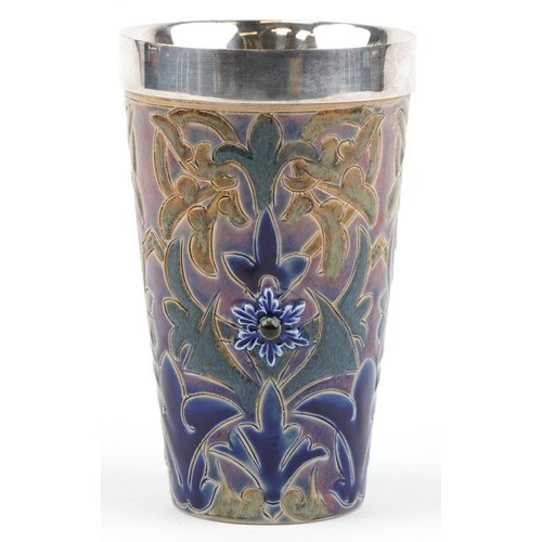 266 - Doulton Lambeth floral beaker with silver plated rim, 14cm high