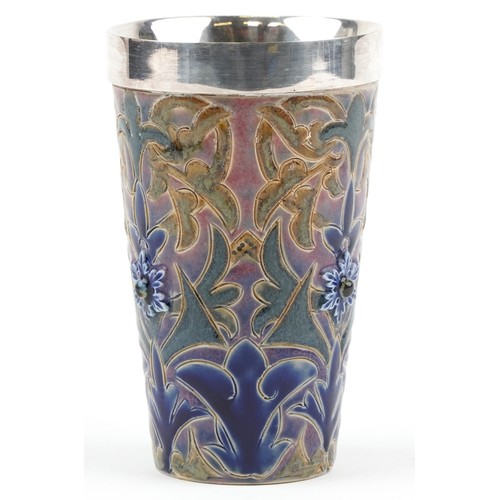 266 - Doulton Lambeth floral beaker with silver plated rim, 14cm high