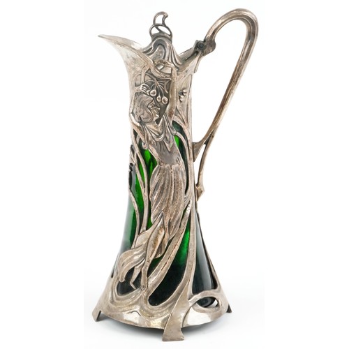 480 - WMF Art Nouveau pewter maiden claret jug, with green glass liner, 40cm high