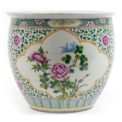 2163 - Large Chinese porcelain jardiniere hand painted in the famille rose palette with flowers and Daoist ... 