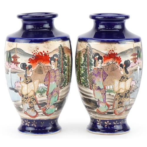 2273 - Pair of Japanese Satsuma vases hand painted with Geisha girls, each 19cm high