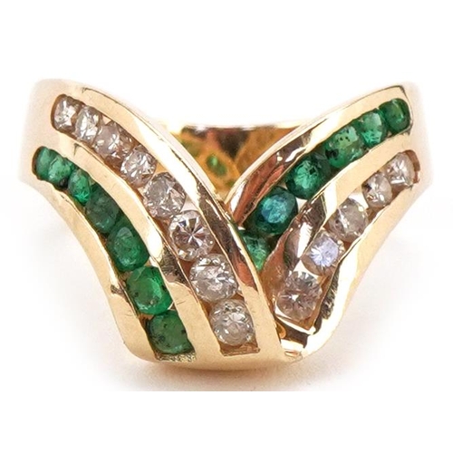 3350 - 14ct gold diamond and emerald two row herringbone ring, the largest diamonds approximately 2.0mm in ... 