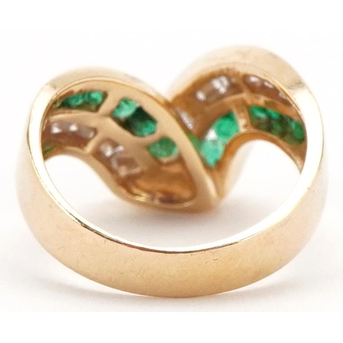 3350 - 14ct gold diamond and emerald two row herringbone ring, the largest diamonds approximately 2.0mm in ... 