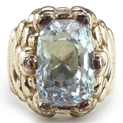 3285 - Heavy Modernist 9ct gold aquamarine ring, the aquamarine approximately 16.30mm x 11.0mm, size O/P, 2... 