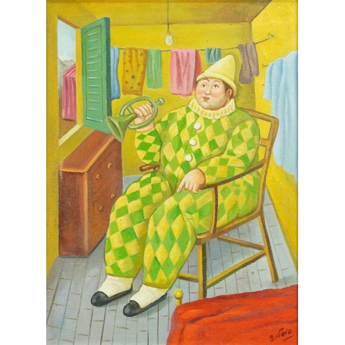 2300 - After Fernando Botero - Seated clown, Italian Impressionist oil on board, framed, 39.5cm x 29cm