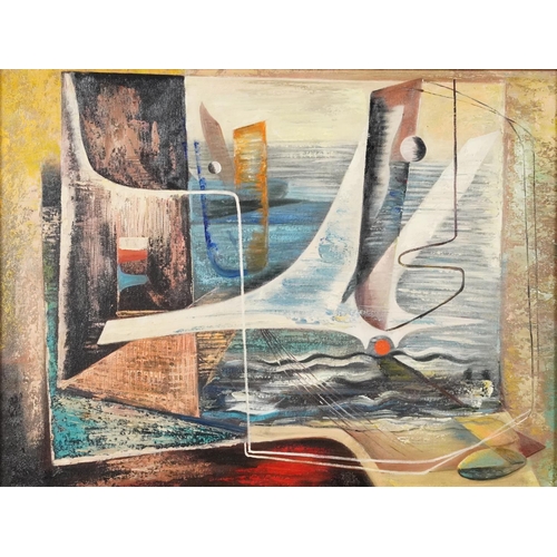 1232 - Abstract composition, geometric shapes, oil on board, framed, 58cm x 43cm