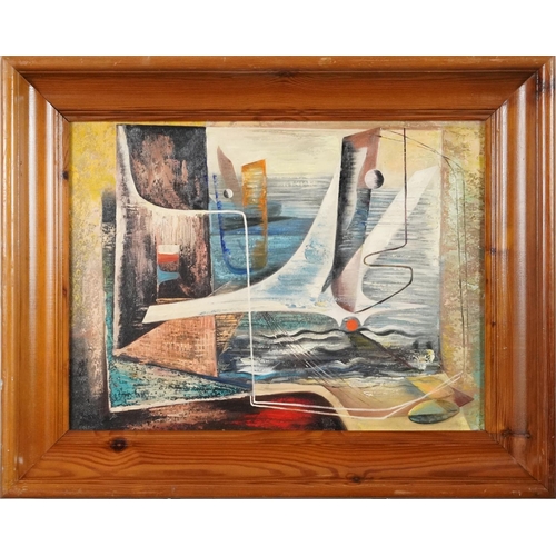 1232 - Abstract composition, geometric shapes, oil on board, framed, 58cm x 43cm