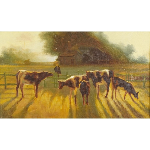 2157 - Farmer with cattle before a farm building, oil on board, bearing an in distinct signature, framed, 5... 