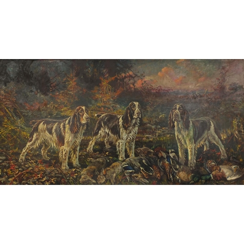 Frederick Thomas Daws - Large oil onto canvas laid onto board, end of the day, hunting Spaniels with the days hunt, framed, 230cm x 118cm excluding the frame