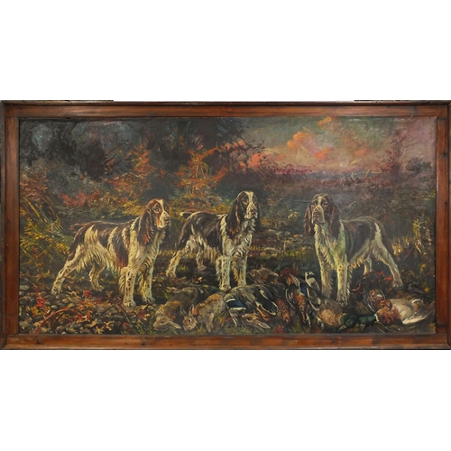  Frederick Thomas Daws - Large oil onto canvas laid onto board, end of the day, hunting Spaniels with... 