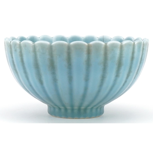 327 - Chinese blue celadon glazed lotus bowl, 19cm in diameter