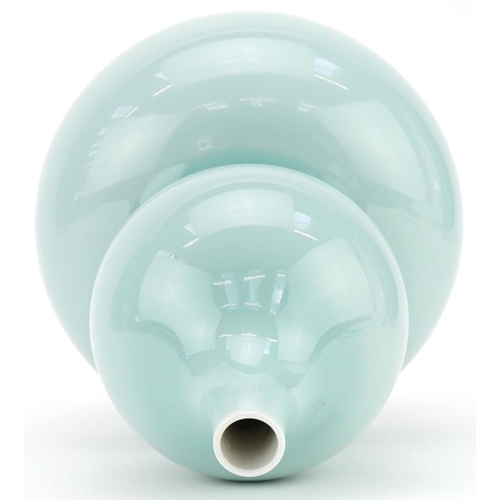 276 - Chinese celadon glazed porcelain onion shaped vase, blue character mark to the base, 28cm high