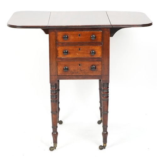 707 - Victorian mahogany drop flap work table with three drawers raised on turned legs, 70cm H x 50cm D x ... 