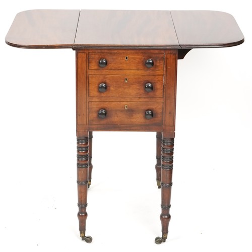 707 - Victorian mahogany drop flap work table with three drawers raised on turned legs, 70cm H x 50cm D x ... 