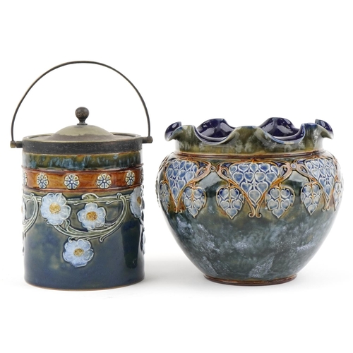 273 - Royal Doulton jardinière together with a floral biscuit barrel manufactured for W Hutton & Sons Ltd,... 