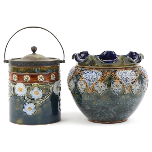 273 - Royal Doulton jardinière together with a floral biscuit barrel manufactured for W Hutton & Sons Ltd,... 