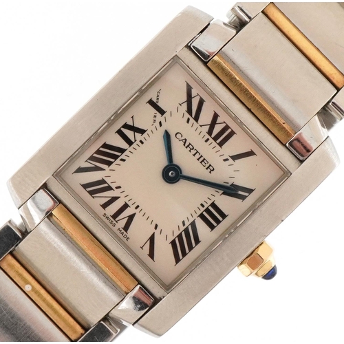 3048 - Cartier, ladies two tone quartz wristwatch having square dial with Roman numerals, with box and rece... 