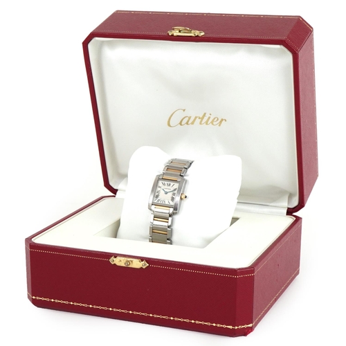 3048 - Cartier, ladies two tone quartz wristwatch having square dial with Roman numerals, with box and rece... 