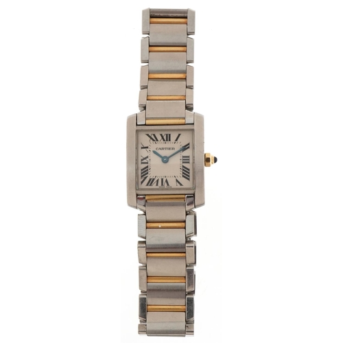 3048 - Cartier, ladies two tone quartz wristwatch having square dial with Roman numerals, with box and rece... 