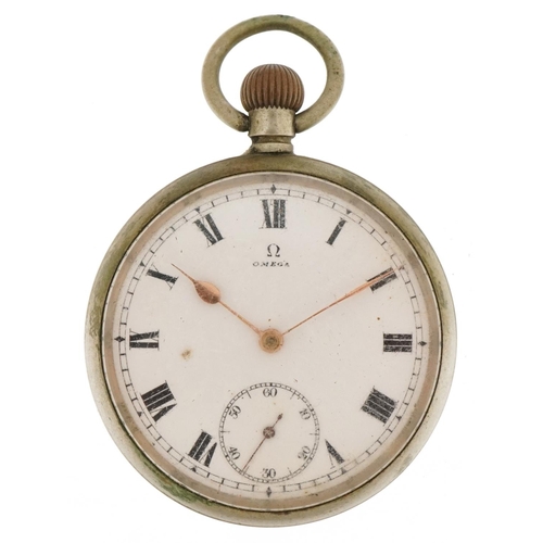 3077 - Omega, gentlemen's open face keyless pocket watch having enamelled and subsidiary dials with Roman a... 