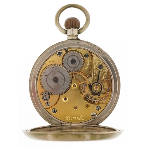 3077 - Omega, gentlemen's open face keyless pocket watch having enamelled and subsidiary dials with Roman a... 