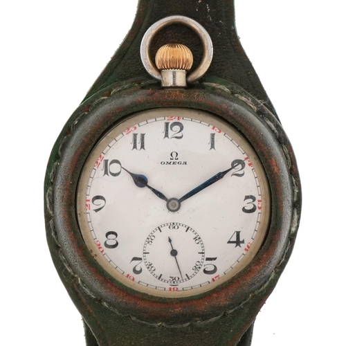 Omega gentlemen's open face pocket watch having military type enamelled dial with Arabic numerals, on a green Polish leather strap, 51mm in diameter