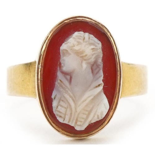 3453 - Antique unmarked gold cameo shell and carnelian ring carved with a maiden, size O, 4.5g