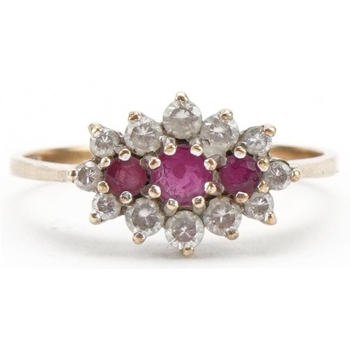 3374 - 9ct gold pink spinel and clear stone cluster ring, size O, 1.8g