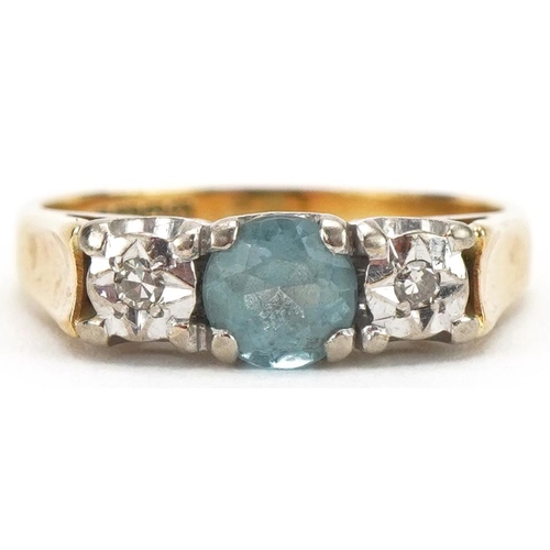 3222 - 18ct gold aquamarine and diamond three stone ring, size K, 4.0g