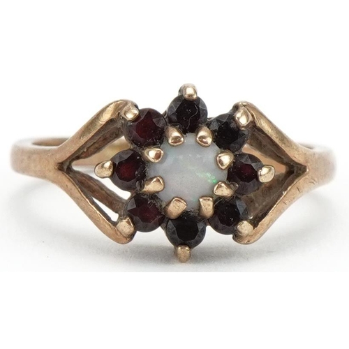 3468 - 9ct gold opal and garnet cluster ring with split shoulders, size L, 2.5g