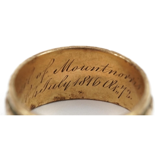 3079 - Georgian unmarked Irish gold mourning ring with engraved decoration, engraved Earl of Mount Norris, ... 