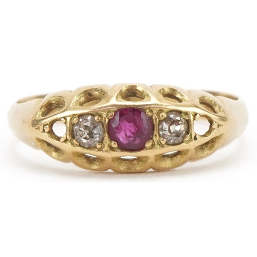 3272 - Antique 18ct gold diamond and ruby three stone ring, incomplete hallmarks, size N, 2.6g