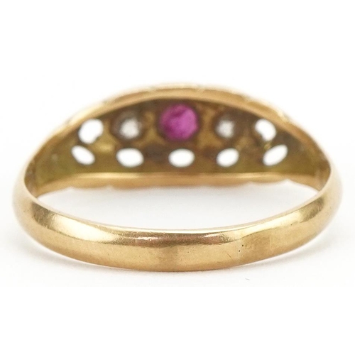 3272 - Antique 18ct gold diamond and ruby three stone ring, incomplete hallmarks, size N, 2.6g