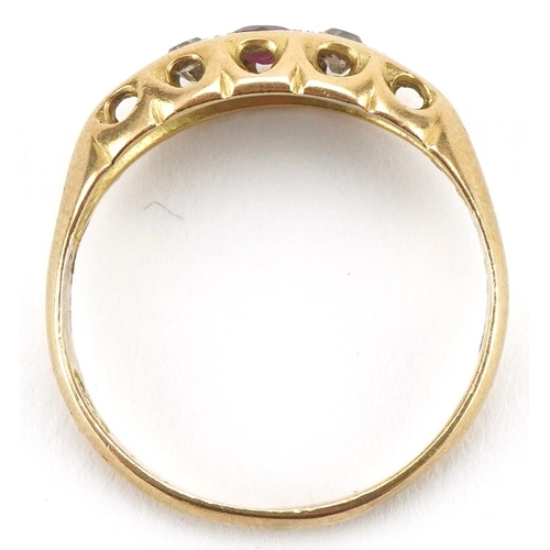 3272 - Antique 18ct gold diamond and ruby three stone ring, incomplete hallmarks, size N, 2.6g