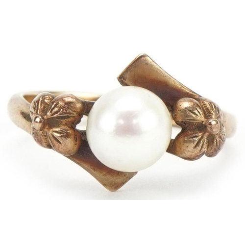 3264 - 9ct gold cultured pearl ring with naturalistic setting, size I, 2.3g