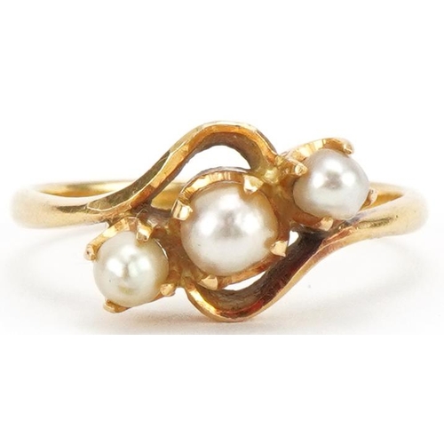 3075 - Unmarked gold pearl crossover ring, size L, 3.1g