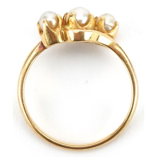 3075 - Unmarked gold pearl crossover ring, size L, 3.1g