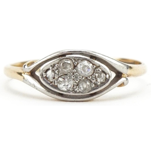 3069 - Art Deco 18ct gold and platinum diamond cluster ring, size O, 2.1g